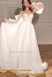 Runhufu Sweetheart Beach A-Line Wedding Dresses Long Puff Sleeves Lace Appliques Bridal Gowns Vestido De Noiva