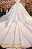 Runhufu Luxury Satin Wedding Dress With Court Train Elegant Boat Neck Princess Wedding Gown plus size custom made Vestido De Noiva