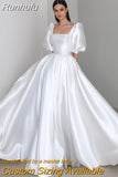 Runhufu Boat Neckline Satin Wedding Dress Puff Sleeve Princess A-Line Bridal Gowns Robe de mariage