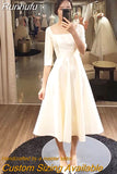 Runhufu Half Sleeves Short Wedding Dress 2023 Mid-Calf Satin Korea Party Gowns Square Collar Neck Vestido De Novia Cheap Simples