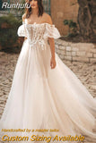 Runhufu NICEB Boho Wedding Dresses Puff Sleeves Women Off Shoulder Lace Appliques Brides Ball Gown Spakly Tulle свадебное платье