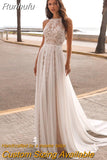 Runhufu O-Neck Boho Lace Chiffon Sleeveless Beach Wedding Dress Backless Sweep Train Floor Length Bridal Gown