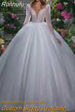 Runhufu Glitter Wedding Dresses Princess Cap Sleeves Deep V-Neck Shiny Bridal Gowns Pageant Sparkly Backless A Series Transparen