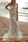 runhufu Plunging V Bohemian Mermaid Wedding dress Lace Champagne Bridal Gown Vintage Backless Spaghetti Straps Dress