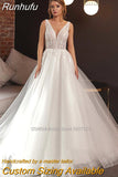 Runhufu V-Neck Beach Satin Wedding Dresses Spaghetti Straps Lace Appliques Bridal Gowns Custom Made Vestidos De Novia