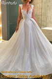 Runhufu Shiny A-Line Wedding Dresses Women's 2023 Deep V-Neck Sleeveless Lace Princess Bridal Gowns Beach Formal Party Robe Customi