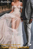 Runhufu Boho Sexy Sweetheart Wedding Dress 2023 A-Line Cap Sleeve Off Shoulder Backless Transparent Chiffon Bride Gown Floor-Length