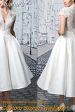 Runhufu Appliques Short Wedding Dresses For Women 2023 A-Line Satin Tea-Length Cap Sleeve V-Neck Button Civil Vintage Bridal Gown