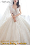 Runhufu Short Sleeve Wedding Dress 2023 New Bridal Dress V Neck Beading Shinning Ball Gown Sweep Train Vestido De Noiva