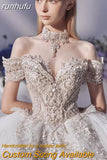 runhufu New Gorgeous Wedding Dress Off The Shoulder Lace Applique Pearls Bridal Vestido De Noiva Ball Gown Plus Size Made Custom