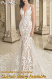 Runhufu V-Neck Wedding Dress Lace Appliques Backless Sexy Mermaid Bride Gown Tulle Zipper Button Court Train Vestidos De Noiva