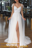 Runhufu Sexy Wedding Dresses With Slit V Neck Bridal Gown Sleeveless Backless Robe De Soirée De Mariage Tulle Vestidos De Noiva