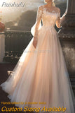 Runhufu Champagne A Line Wedding Dresses with Puff Sleeves Sheer Scoop neck Lace Appliques Buttons Back Formal Bridal Gowns