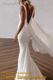 Runhufu Deep V Neck Crepe Detachable Train Mermaid Wedding Dress 2023 Plain Sleeveless Open Back Simple Bridal Gowns Elegant