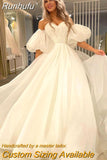 Runhufu Sweetheart Wedding Dresses Off the Shoulder Long Puff Sleeves Sweep Train Bridal Gowns Vestido Novia