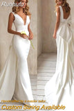 Runhufu Wedding Dress 2024 Detachable Train Bow V-Neck Elegant White Ivory Boho Simple Bridal Gown Sleevesless Vestidos De Novia