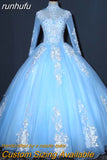 runhufu Illusion Sky Blue Quinceanera Dress Floor Length Sweet High Neck For Party Luxury Embroidery Ball Gown Prom Dress Plus Size