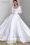 Runhufu Boat Neckline Satin Wedding Dress Puff Sleeve Princess A-Line Bridal Gowns Robe de mariage