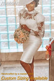 Runhufu Length Straight Wedding Dress Long Sleeves White Satin Bridal Reception Gowns Lace Applique High Neck Short Vestido