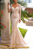 Runhufu Sleeve Lace Mermaid Wedding Dresses 2023 Appliques Beads Tulle Bridal Gown For Women V-Neck Sexy Open Back Real Photos