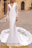 Runhufu Long Sleeve Mermaid Wedding Dresses 2023 V-Neck Bridal Gown For Women Sweep Train Button Back Satin Gorgeous Custom Made