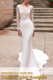 Runhufu Long Sleeves Lace Mermaid Wedding Dresses 2023 Scoop Lace Appliques Vestido De Noiva Buttons Backless Bridal Gowns