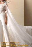 Runhufu O-neck Wedding Dress Jumpsuit With Wrap Jewel Neck Floral Appliqued Short Sleeves Bridal Gowns Open Back Sash For Women