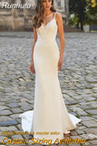 Runhufu Straps Mermaid Wedding Dresses 2023 V-Neck Lace Appliques Elegant Ivory Bridal Gown Custom Made Sleeveless Sweep Train