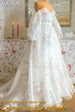 runhufu Off Shoulder Princess Sweetheart Print Flower Wedding Dress with Detachable Long Puff Sleeve Wedding Party Dress