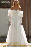 Runhufu Sweetheart Satin Wedding Dresses Long Puff Sleeves Bridal Gowns Custom Made Robe De Mariée