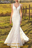 Runhufu V-Neck Wedding Dress Mermaid For Bride Sexy Sleeveless Lace Bride Gown Buttons Pleats Illusion Back Vestido De Novia
