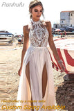 Runhufu High Side Slit Halter Beach 2023 Wedding Dress Boho Lace Top Chiffon Skirt Long Backless Bridal Gown for Women Vestido