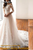 Runhufu Elegant 3/4 Sleeve Wedding Dress 2023 A-Line Lace Appliques Button Belt Train Tulle Bridal Gown Vestidos De Noiva