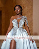 Runhufu Africa Princess Wedding Dresses Full Sleeves White Appliques Mermaid Bridal One Shoulder Bridal Gown With Detachable Train