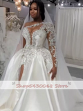 Runhufu Africa Princess Wedding Dresses Full Sleeves White Appliques Mermaid Bridal One Shoulder Bridal Gown With Detachable Train
