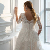 Runhufu Plus Size Wedding Dresses 2023 Lace Appliques A-Line Half Sleeve Scoop Neck Glitter Beach Bridal Gown Vestido De Novia