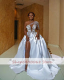 Runhufu Africa Princess Wedding Dresses Full Sleeves White Appliques Mermaid Bridal One Shoulder Bridal Gown With Detachable Train