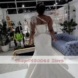 Runhufu Africa Princess Wedding Dresses Full Sleeves White Appliques Mermaid Bridal One Shoulder Bridal Gown With Detachable Train