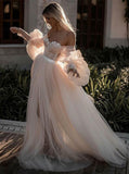 runhufu Beach Wedding Dresses Pink 2023 Elegant Sweetheart Lantern Sleeve A-Line Lace Appliques Boho Bridal Gowns Custom Made