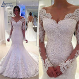 Runhufu NICEB Beads Mermaid Wedding Dress Lace Vestido De Noiva Long Sleeves Wedding Gown for Bride 2023 Elegant V Neck Backless