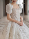 runhufu Wedding Dress 2023 Star Sky Long Train High Waist For Pregnant Crystal Shinny Bride Dress Short Sleeve Ball Gown Dresses