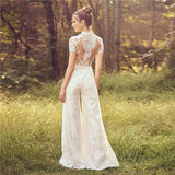 Runhufu Lace Jumpsuit Wedding Dresses 2023 High Neck Short Sleeve Tulle Ivory Long Pants Bridal Gown With Pockets Button Back