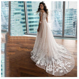 Runhufu Elegant 3/4 Sleeve Wedding Dress 2023 A-Line Lace Appliques Button Belt Train Tulle Bridal Gown Vestidos De Noiva