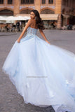 Runhufu Line Sky Blue Wedding Dresses Off Shoulder Sweetheart Beaded Lace Appliques High Split Tulle Boho Wedding Gowns