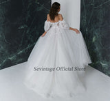 runhufu High Side Split Wedding Dresses V-Neck Puffy Sleeve Ball Gown Brides Gown Lace Appliques 3D Flowers Princess Dress