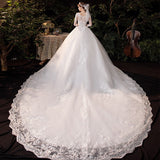 runhufu Neck Wedding Gown With Train 2023 New Three Quarter Sleeve Lace Up Bridal Ball Gown Robe De Mariee Vestido De Noiva
