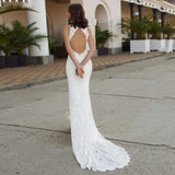Runhufu Lace Applique Halter Mermaid Wedding Dresses 2023 For Women Custom Sexy Front Slit Backless Puff Sleeve Bridal Dress