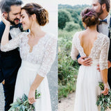 Runhufu Boho Wedding Dress 2023 Deep Lace Top V-neck 3/4 Sleeves Backless Beach Women Bridal Gowns Vestidos de novia