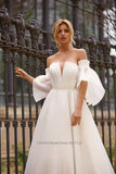 Runhufu A Line Organza Wedding Dresses with Detachable Flare Sleeves Sexy Pleated A Line Floor Length Bridal Gowns