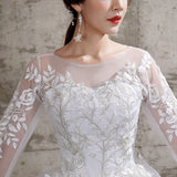 runhufu Summer Korean Light wedding dress Vestidos De Novia off white bride O-neck dream princess simple Long Sleeve Lace appliques